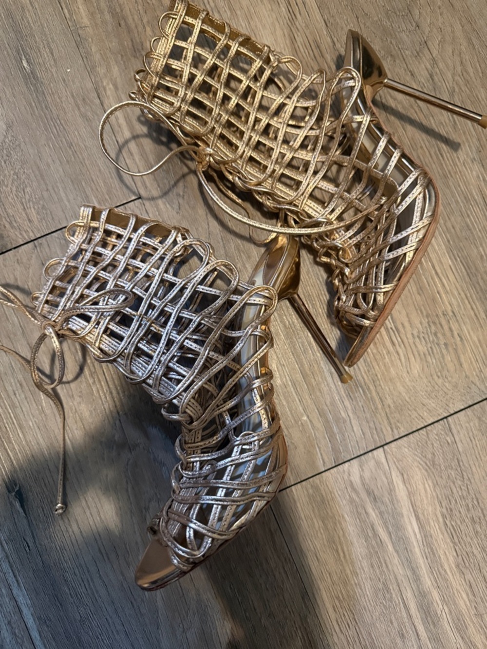 Sophia Webster Metallic rose Gold Lace-Up Cage Stiletto Heels